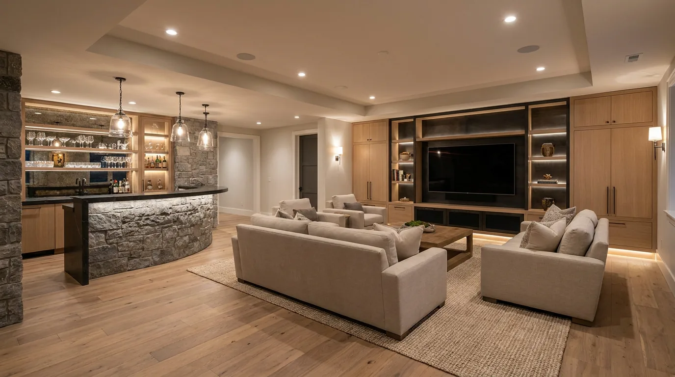 Finished lower-level lounge with custom bar and theater seating