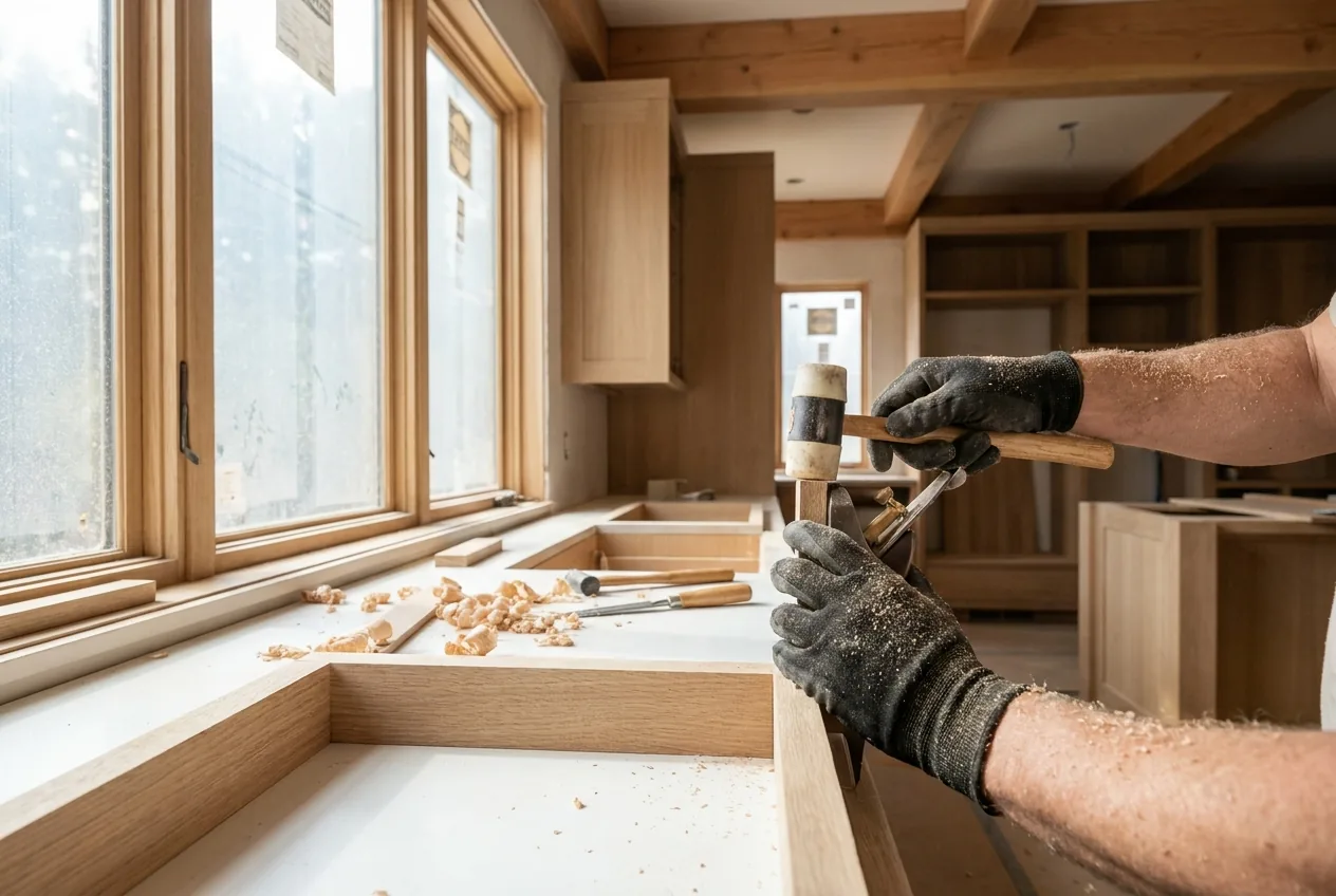 Luxe carpenter hand-fitting custom millwork during kitchen construction
