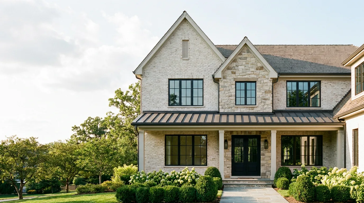 Limewashed white brick home in Chicago's western suburbs by Luxe Development