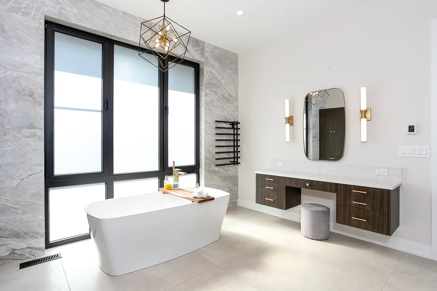 Primary bath with a freestanding tub and black-framed windows - custom home, Lemont IL