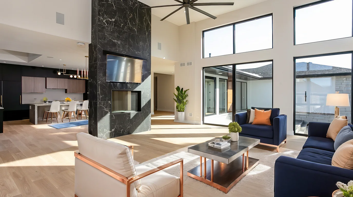 Renovated great room with custom millwork and natural light