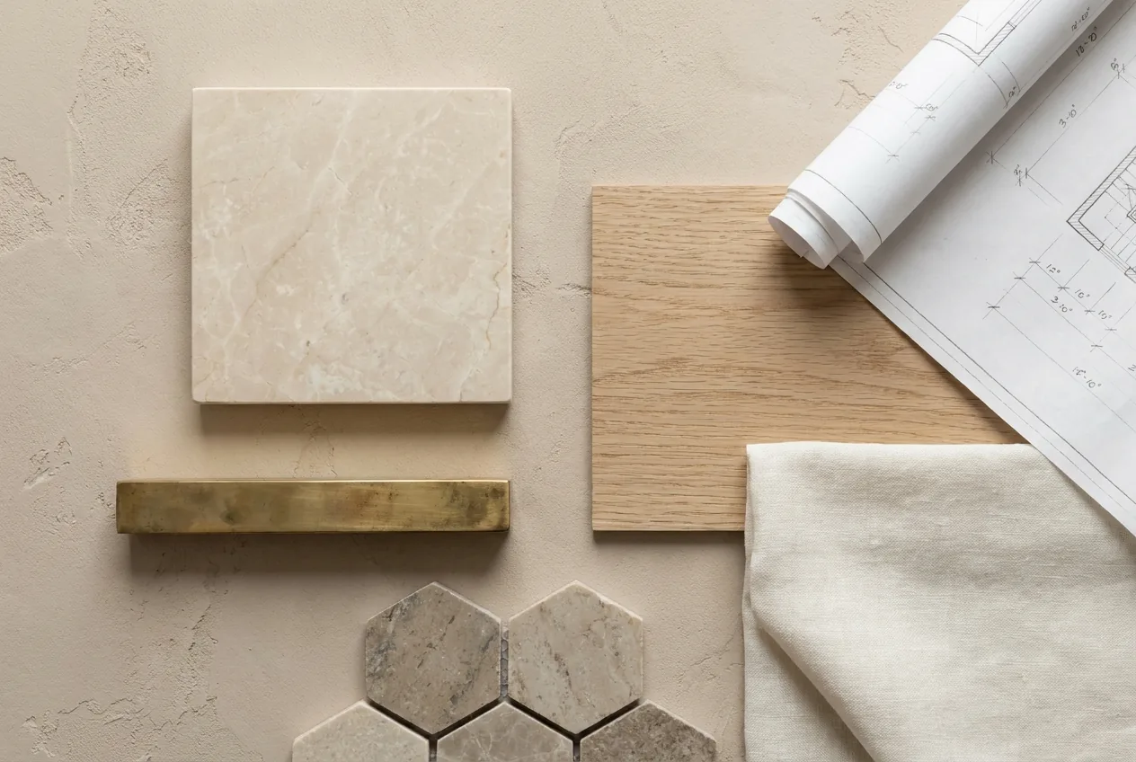 Interior designer near me - stone, tile, and hardware samples curated by Luxe Development