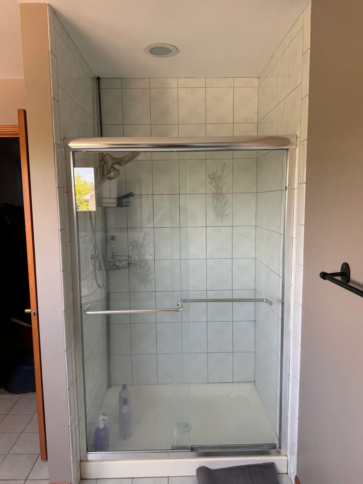 Primary bathroom shower before photo, Shorewood IL - boxed shower behind a framed sliding-glass enclosure, lined in square field tile with painted iris accent tiles