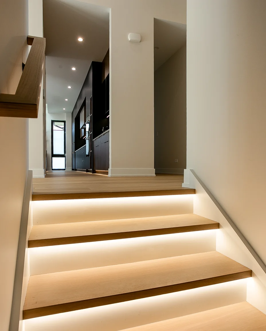 Rebuilt floating oak staircase detail by Luxe Development